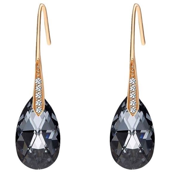 14K Yellow Gold with Charcoal Gray Austrian Crystal Teardrop Drop Hook Earrings